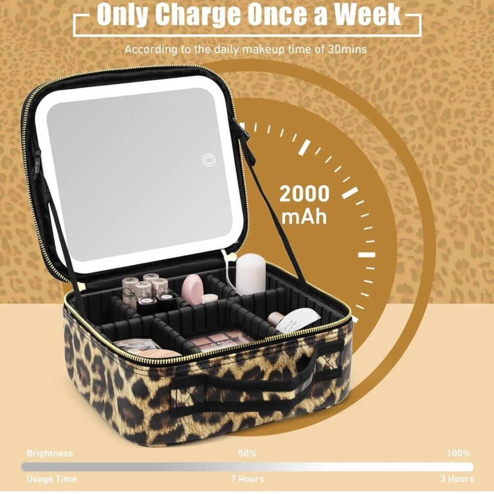 Travel lepord print makeup case with lighted mirror led rechargeable